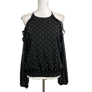INC International Concepts Blouse Top size Large Black Gold Sheer Cold Shoulders